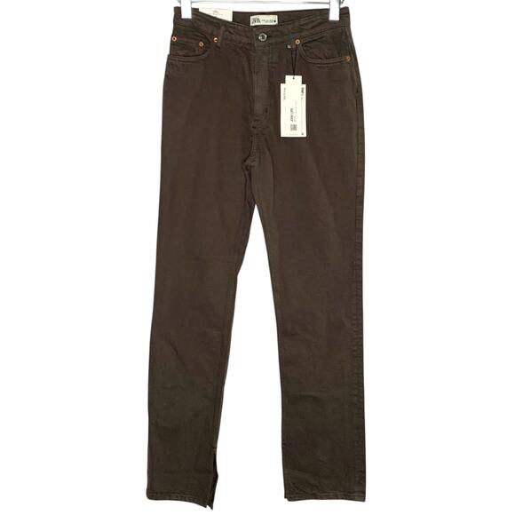 Zara 6 NEW Womens Brown High Rise Slim Fit Split Leg Jeans - Picture 1 of 11